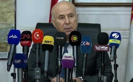 Erbil Governor Nawzad Hadi briefing reporters about a brawl which took place in Erbil downtown on February 14, 2018. 