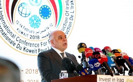 Iraqi Prime Minister Haider al-Abadi speaks during the Kuwait International Conference for Reconstruction of Iraq, in Kuwait City on February 13, 2018. Photo: Yasser al-Zayyat | AFP