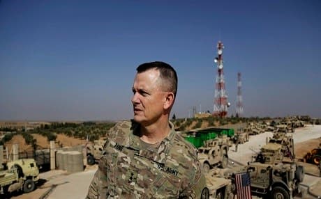US Army Lt. Gen. Paul E. Funk II inspects a US military outpost in Manbij on February 7, 2018. Photo: AP