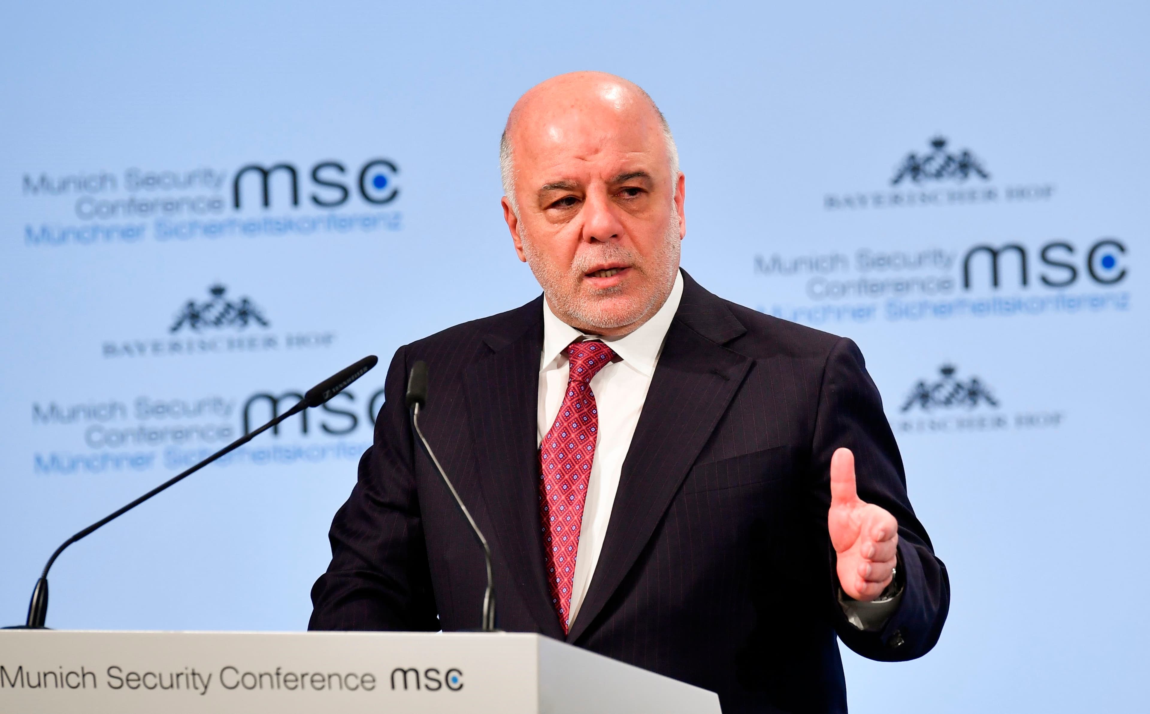 Iraqi Prime Minister Haider al-Abadi speaking at the Munich Security Conference on Saturday. Photo: Thomas Kienzle/AFP