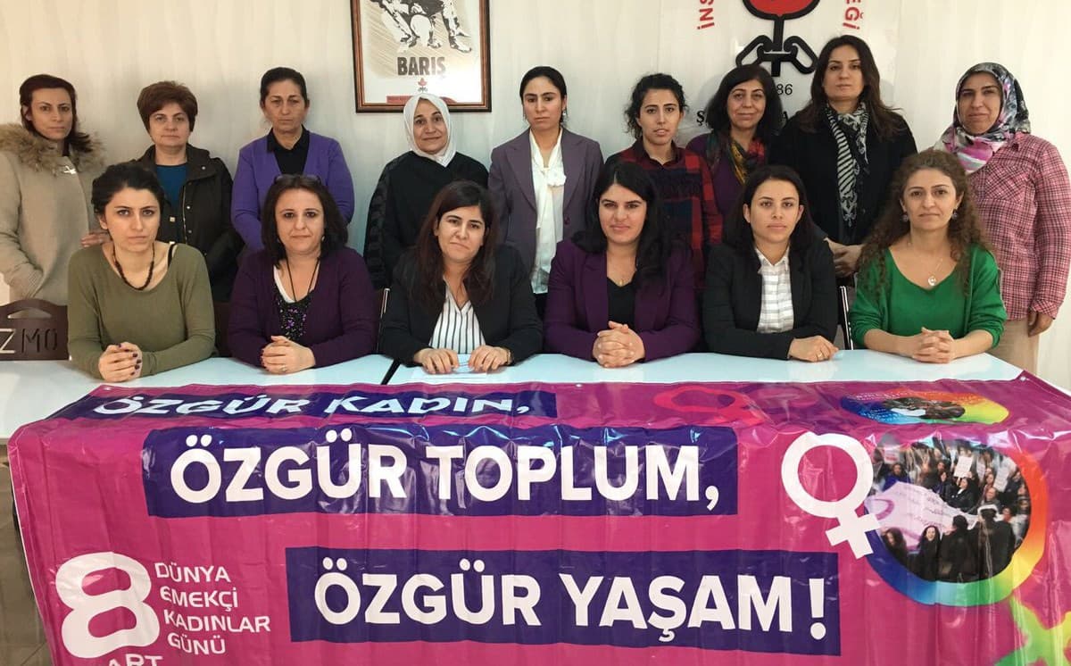 Dilek Ocalan (front row, 3rd from right) took part in an announcement of planned events for International Women’s Day. Photo: @OcalanDilek