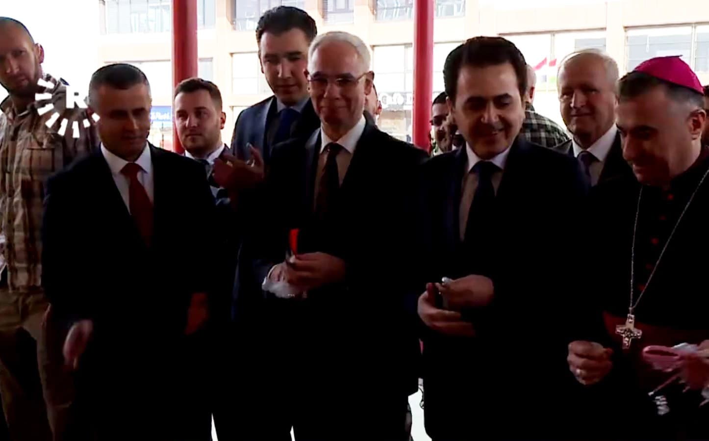 Zoltán Balog (centre), Hungary's Minister of Human Resources, after cutting the ribbon to open Ainkawa’s Maryamana Primary School. Photo: Rudaw TV