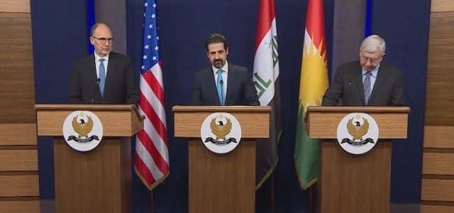 US Ambassador to Iraq Douglas Silliman, KRG Deputy Prime Minister Qubad Talabani, and US State Department official John Lister speak at a joint press conference in Erbil, Kurdistan Region, on March 12, 2018. Photo: Rudaw TV