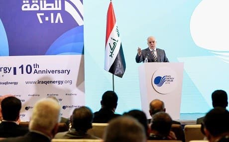 Iraqi Prime Minister Haider al-Abadi speaks during an energy forum in the capital of Baghdad on March 28, 2018. Photo: AFP | stringer