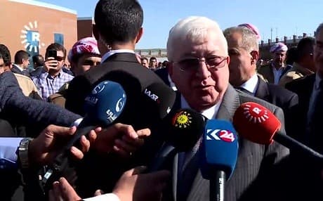 Iraqi President Fuad Masum spoke to reporters on his arrival in Erbil for the funeral of Dilovan Barzani on Wednesday. Photo: Rudaw TV