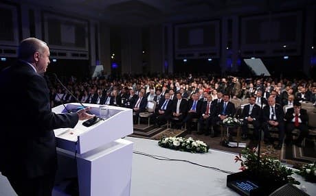 President of Turkey Recep Tayyip Erdogan speaks during the Global Entrepreneurship Congress at Hotel Bomonti in Istanbul, Turkey on April 16, 2018. Photo: AA