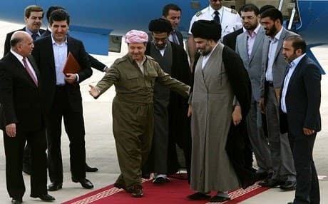 Then Kurdish president Masoud Barzani welcomes Muqtada al-Sadr to Erbil during high tensions between Erbil and then Iraqi PM Nouri al-Maliki in 2012. File photo: AFP