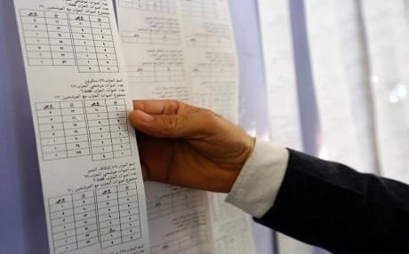 An Iraqi electoral commission official examines electronic counting machine print-outs in Najaf on May 13, 2018. Photo: Haidar Hamdani | AFP