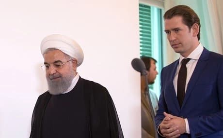 Iranian President Hassan Rouhani (L) and Austrian Chancellor Sebastian Kurz arrive for a joint press conference in Vienna on Wednesday. Photo: Alex Halada/AFP