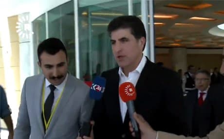 KRG Prime Minister Nechirvan Barzani briefly speaks to reporters outside of Esenboğa International Airport in Ankara, Turkey, on July 9, 2018. Photo: Rudaw TV