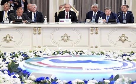 Russian President Vladimir Putin (C) attends a plenary session during the 5th Caspian Summit in Aktau on August 12, 2018. Photo: Alexey Nikolsky | AFP/Sputnik