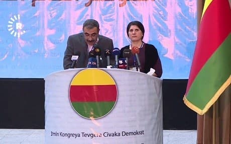 Former TEV-DEM co-chairs Aldar Khalil and Asya Abdulla speak at the coalition's third congress in Rmelan, Hasakah province, August 28. Photo: Rudaw video 