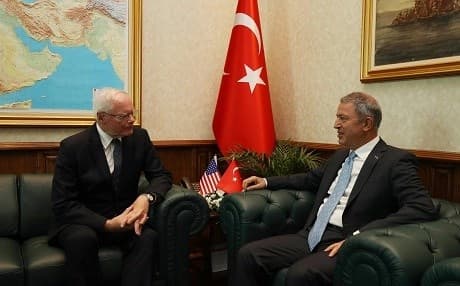 US Special Envoy for Syria Engagement Amb. James Jeffrey (left) meets with Turkish Defense Minister Hulusi Akar in Ankara on September 4, 2018. Photo: Turkish MoD