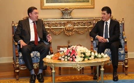 The United Kingdom's Ambassador to Iraq, Jon Wilks (left), meets with Kurdistan Regional Government Prime Minister Nechirvan Barzani in Erbil on September 13, 2018. Photo: KRG PM