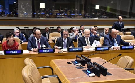 Iraqi Foreign Minister Ibrahim al-Jaafari (second from right) participates in a meeting of Arabic foreign ministers on the sidelines of the 73rd UN General Assembly on September 28, 2018, in New York.