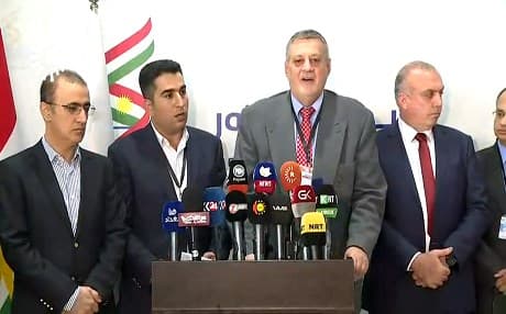 UNSG Special Representative to Iraq Jan Kubis (center) offers remarks in Erbil after meeting with the Kurdistan Region's election commission on September 30, 2018. Photo: Rudaw TV