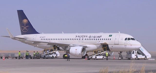 A Saudi Arabian Airlines commercial flight lands in the first time in the Kurdistan Region at Erbil International Airport on October 1, 2018.