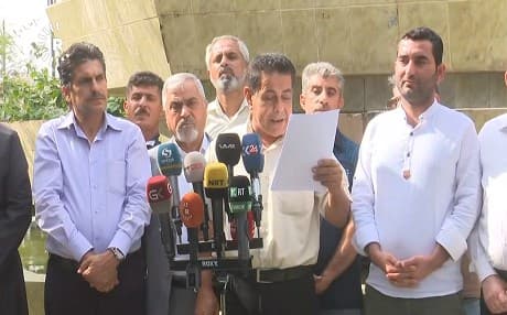 Activists, representatives of civil organizations, and journalists held a press conference in Kirkuk on October 9, 2018, calling for a workers' strike on October 16. Photo: Rudaw TV