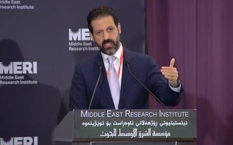 Incumbent KRG deputy Prime Minister Qubad Talabani speaks at the MERI-K 2018 Forum in Erbil, Kurdistan Region, on October 23, 2018. Photo: MERI-K YouTube