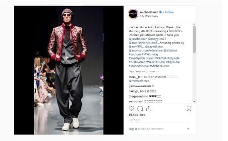 Screenshot taken from Michael Cinco's Instagram profile featuring Kurdish-style pants modeled at Arab Fashion Week, Dubai. Photo: Michael Cinco / Instagram