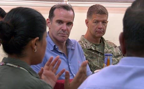 Then US SPE to the global anti-ISIS coalition Brett McGurk (center) listens to Leila Mustafa, the co-head of the Raqqa Civil Council, in Raqqa, Syria, on July 10, 2018. File photo: US Army | Sgt. Brigitte Morgan