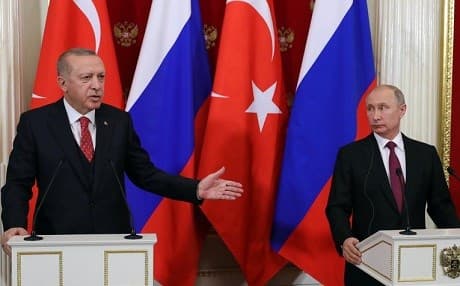 Turkish President Recep Tayyip Erdogan (L) gestures during a press conference with Russian President Vladimir Putin in Moscow on January 23, 2019. Photo: Mikhail Klimentyev/Kremlin photo pool/AP