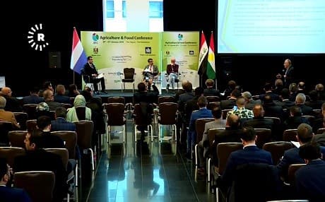 The Dutch, Iraqi, and Kurdistan flags are displayed at the Agriculture and Food Conference in The Hague on Wednesday. Photo: Rudaw