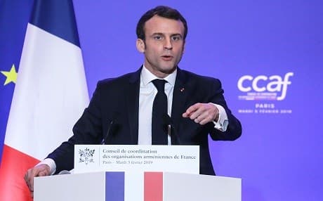 French President Emmanuel Macron speaks during the annual dinner of the Co-ordination Council of Armenian organisations of France (CCAF) on February 5, 2019, in Paris. Photo: Ludovic Marin | AFP