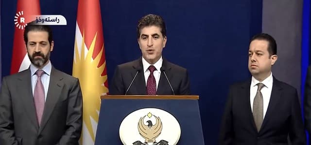 KRG PM Nechirvan Barzani (center), deputy PM Qubad Talabani (left), and Finance Minister Rebaz Mohammad speak to reporters at a press conference on March 8, 2019, in Erbil, Kurdistan Region.