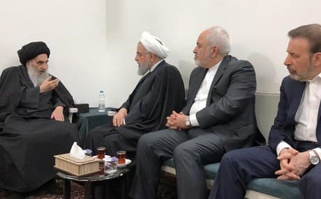 Grand Ayatollah Ali al-Sistani (left) met with Iranian President Hassan Rouhani (2nd left) and Foreign Minister Mohammed Javad Zarif (2nd right) in Najaf on March 13, 2019. Photo: Office of Sistani/handout
