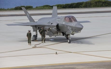 An F-35 is refueled during simulated Expeditionary Advanced Base Operations at Ie Shima Training Facility in Japan on March 14, 2019. Photo: Lance Cpl. Dylan Hess | US Marines