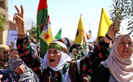 A Syrian Kurdish woman raises an olive branch - a symbol of Afrin's olive groves - during a protest in Qamishli in September 2018 against reports of Turkey-imposed demographic changes in the Kurdish enclave. File photo: Delil Souleiman/AFP