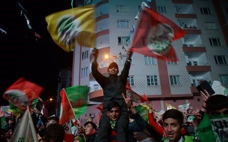 HDP supporters celebrate in Diyarbakir after local elections on March 31, 2019. Photo: Ilyas Akengin/AFP