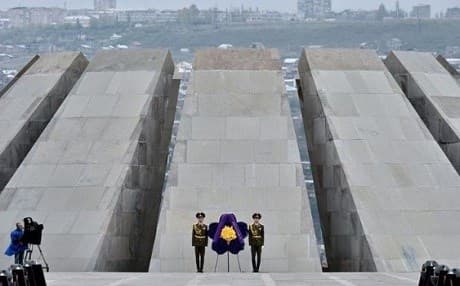 Soldiers stand guard in front of the Tsitsernakaberd Memorial in Armenia's capital Yerevan during a commemoration ceremony for the 100th anniversary of the Armenian genocide in 2015. File photo: AFP