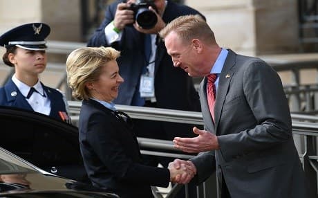 US acting Defense Secretary Patrick Shanahan (right) welcomes German Defense Minister Ursula von der Leyen during a ceremony at the Pentagon on April 12, 2019. Photo: Mandel Ngan | AFP