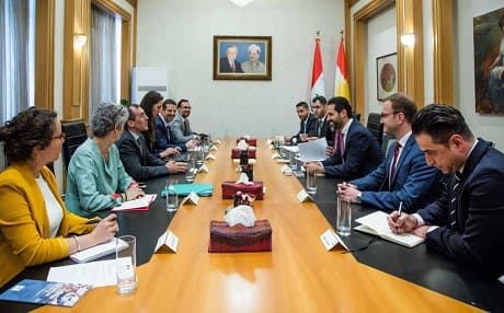 Qubad Talabani (middle right), the deputy PM of the Kurdistan Regional Government, meets with a French delegation in Erbil, Kurdistan Region, on May 7, 2019.