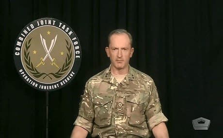 British Army Maj. Gen. Chris Ghika, Operation Inherent Resolve deputy commander for stability, briefs Pentagon reporters via video teleconference from the US Embassy in Baghdad, Iraq on May 14, 2019. Photo: Pentagon video