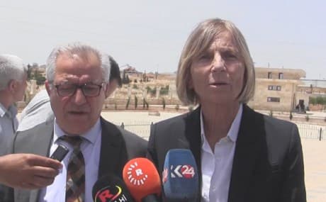Marielle de Sarnez, head of the French parliament's Foreign Relations Committee, speaks to reporters in Ain Issa, northern Syria, May 31, 2019. Photo: Rudaw TV