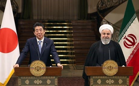 Iranian President Hassan Rouhani (right) and Japanese Prime Minister Shinzo Abe, give a joint press conference at the Saadabad Palace in the Iranian capital Tehran on June 12, 2019. Photo: AFP/Presidency.ir handout