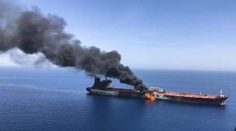 Oil tanker on fire in the Gulf of Oman on June 13, 2019. Photo: AP /ISNA file