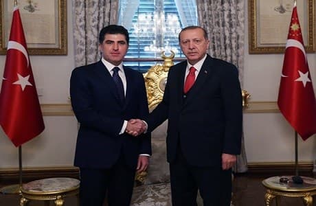 Then-Kurdistan Regional Government Prime Minister Nechirvan Barzani poses with Turkish President Recep Tayyip Erdogan on April 28, 2017. Photo: Turkish presidency website