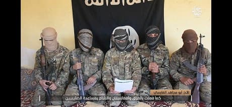 Five Iranian ISIS militants threatening the government with more attacks two years after deadly Tehran attacks PHOTO: screenshot from ISIS video, June 29, 2019