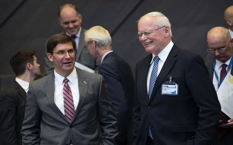 Acting US Secretary of Defense Mark T. Esper talks with the US Special Representative for Syria Engagement, Ambassador James Jeffrey at NATO headquarters, Brussels, Belgium, on June 27, 2019. Photo: Lisa Ferdinando | US DoD