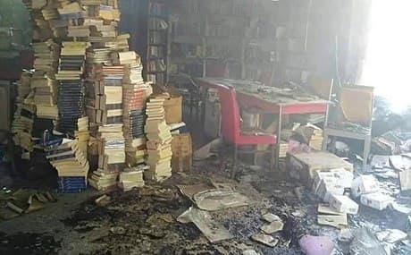 Fire damage at Malli Wafaye (Loyalty Home) bookshop in Erbil, which caught fire on Saturday night. Photo: MyErbil / Facebook 