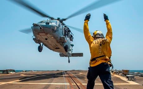 A Sea Hawk helicopter lands aboard the USS Bainbridge in the Persian Gulf region, August 8, 2019. Photo: US Navy / AFP 