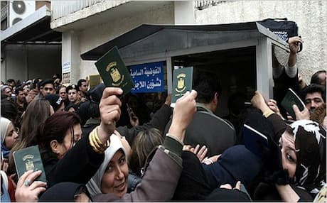 Iraqi refugees seeking asylum gathered outside the United Nations office in Damascus, 2007. Photo: AFP