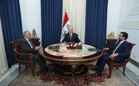 Iraqi Prime Minister Adel Abdul-Mahdi (left) Iraqi President Barham Salih (center) and Iraqi Speaker of the Council of Representatives Mohammed Halbousi (right) at a meeting in Baghdad on August 22, 2019. Photo: Facebook