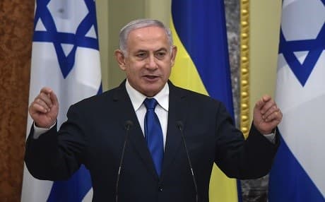 Israeli Prime Minister Benjamin Netanyahu speaking in Ukraine on August 19, 2019. Photo: AFP/Sergei Supinsky 