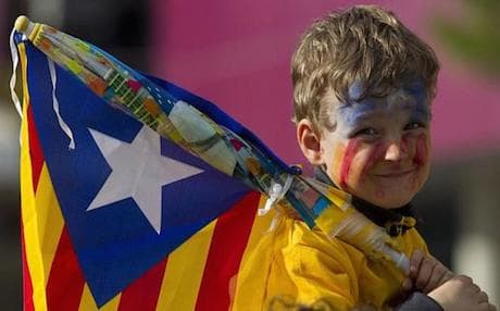 A young boy holding a pro-Independence Catalan flag smiles during a campaign for independence from Spain on Catalonia National Day. Sept 11, 2013. Photo: AFP