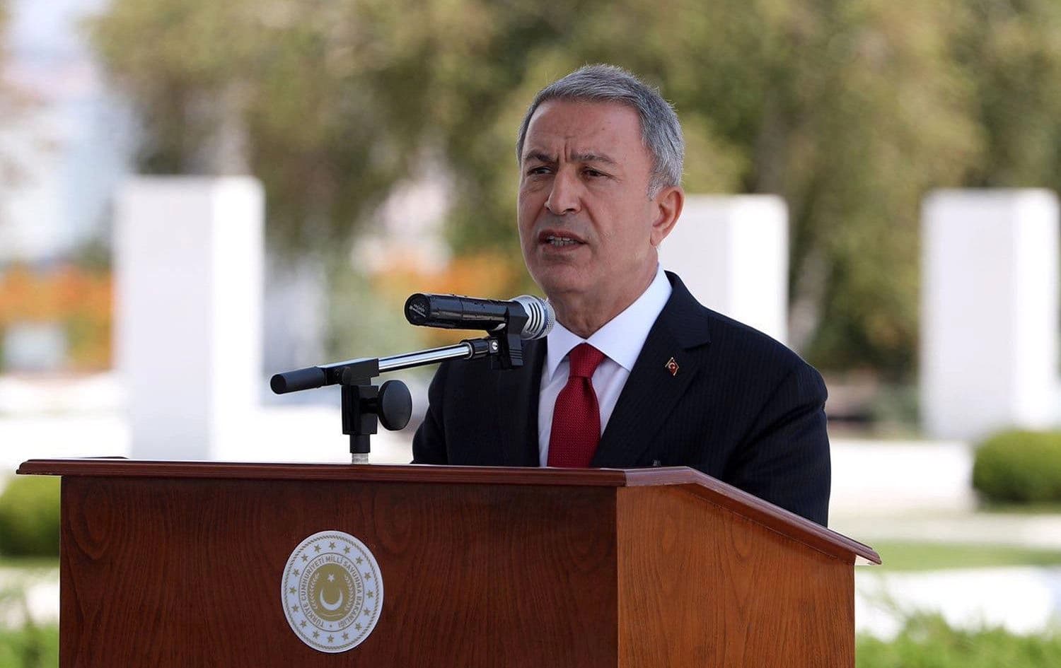 Turkish Defense Minister Hulusi Akar speaks at a ceremony held on the anniversary of Turkish Victory Day, August 30, 2019. Photo: Defense Ministry